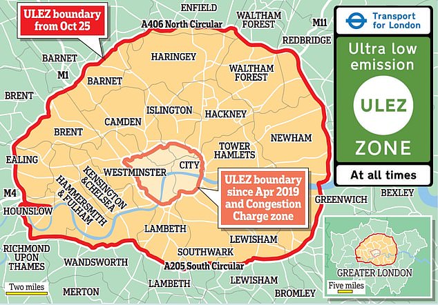 Cleaner capital: London's ULEZ was expanded to 18 times its original size in October 2021 and now covers much of the capital within the boundaries of its outer ring roads