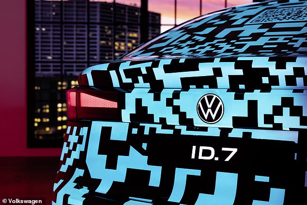 Details of the ID.7's exterior have been hidden by a busy camouflage, which is a special QR code-inspired feature VW calls 'Electroluminescent' paint that can light up across 22 panels