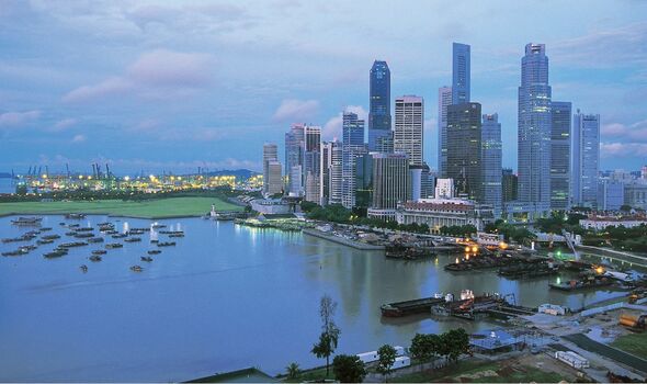 High angle view of buildings at the waterfront, Singapore City