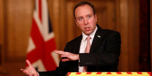 Britain's Health Secretary Matt Hancock speaks at a coronavirus press conference inside 10 Downing Street in London, Jan. 11, 2021.