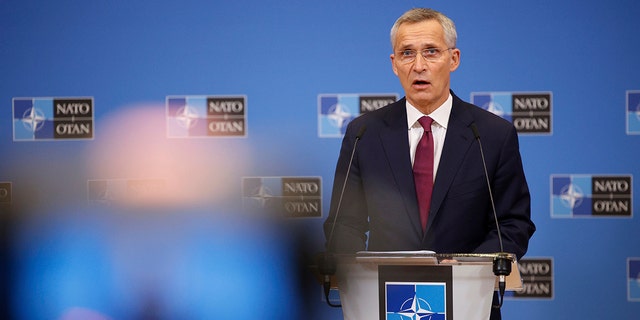 NATO Secretary General Jens Stoltenberg speaks to the press ahead of a meeting of NATO Foreign Affairs Ministers to be held on Nov. 30-Dec.1, at the NATO headquarters, in Brussels, Belgium, Friday, Nov. 26, 2021. 