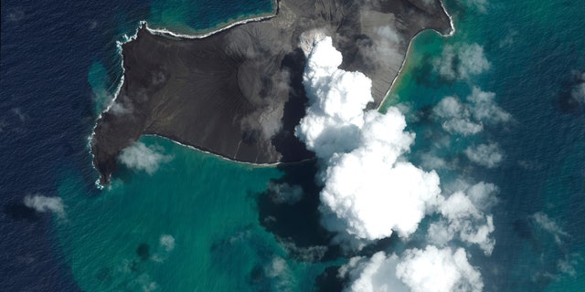 This satellite image provided by Maxar Technologies shows an overview of Hunga Tonga-Hunga Ha'apai volcano in Tonga Jan. 6, 2022, before a huge undersea volcanic eruption. (Satellite image ©2022 Maxar Technologies via AP, File)