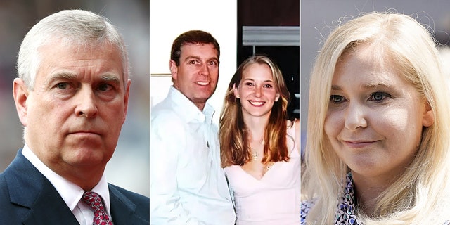 Prince Andrew, Duke of York, left, also seen in a photo from 2001 that was included in court files showing him with his arm around the waist of 17-year-old Virginia Giuffre, who says Jeffrey Epstein paid her to have sex with the prince. Andrew has denied the charges. Virginia Roberts Giuffre, right, speaks at a news conference following a hearing where Epstein's alleged victims made statements in Manhattan Federal Court on Aug. 27, 2019, in New York.