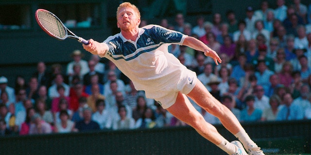 Boris Becker during his match with Andre Agassi at Wimbledon in 1995.