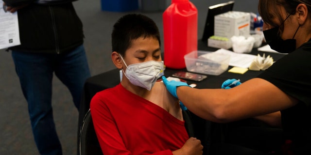 A youngster receives a COVID-19 vaccine at a pediatric vaccine clinic for children ages 5 to 11 set up at Willard Intermediate School in Santa Ana, Calif., on Tuesday, Nov. 9, 2021. 