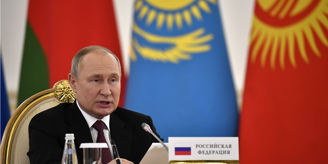 Russian President Vladimir Putin addresses a meeting of the leaders of the Collective Security Treaty Organization at the Kremlin in Moscow, Russia, on Monday, May 16.