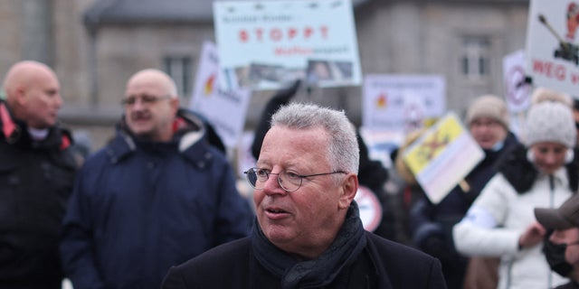 Right-wing German politician Markus Beisicht attends a pro-Russian protest against sanctions and arms delivery amid Russia's invasion of Ukraine.