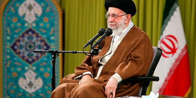 FILE: In this photo released by the official website of the office of the Iranian supreme leader, Supreme Leader Ayatollah Ali Khamenei speaks during a meeting with a group of Basij paramilitary force in Tehran, Iran, on Nov. 26, 2022. 