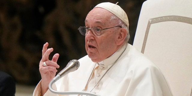 Pope Francis delivers his speech during his weekly general audience in the Pope Paul VI hall at the Vatican, Wednesday, Jan. 4, 2023.